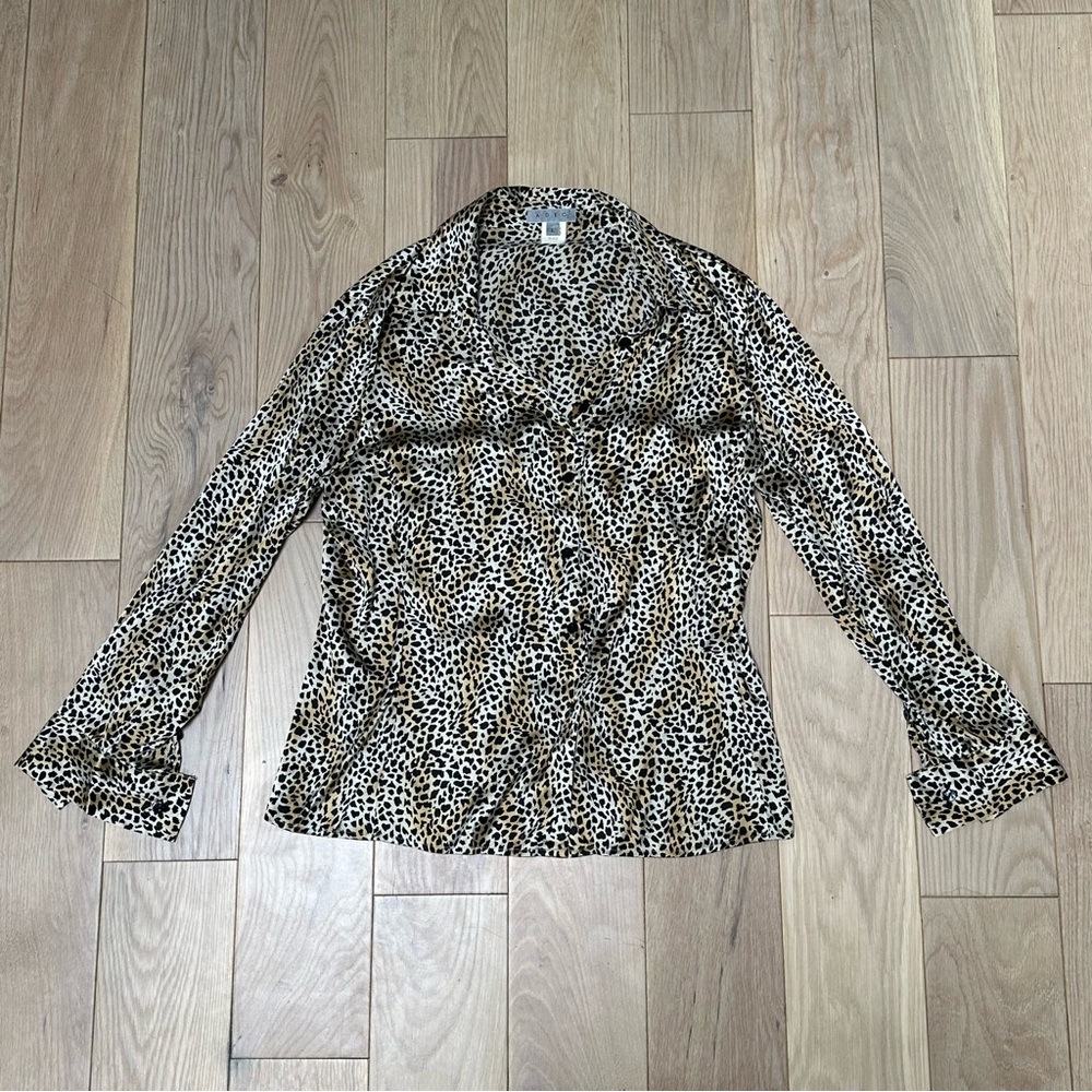 Adec2 Stretch Silk Blend Animal Print Button Down Shirt Blouse